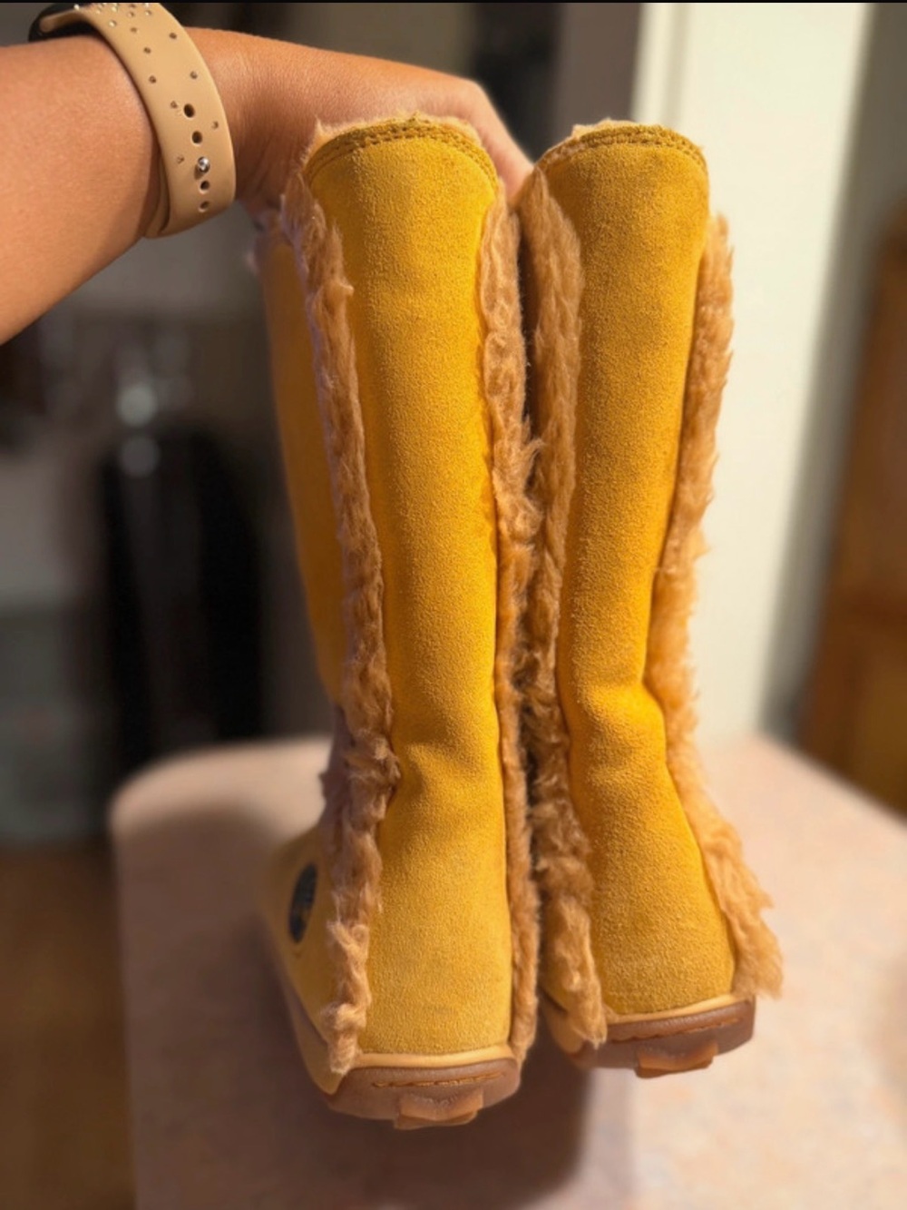 Timberland women’s Tall Shearling-Trim Suede Boots in Mustard Yellow - Picture 4 of 7